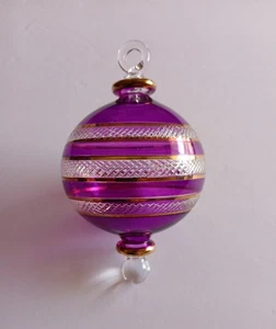 Hand Blown Glass Ornament Purple Gold Stripe 6 Inch Christmas Tree Ball Decor - Picture 1 of 15