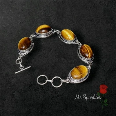 Pulsera de piedras preciosas de plata de ley 925 ojo de tigre - cierre de palanca​4547 Foto 1 de 4