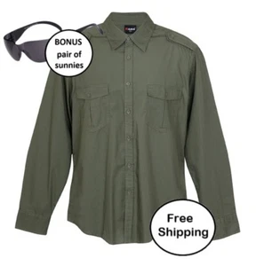 Mens Military Long Sleeve Shirt 100% cotton - OLIVE - Plus free sunnies - Picture 1 of 6