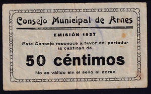 BILLETE ARNES 50 CENTIMOS 1937 - EL CONSEJO MUNICIPAL DE ARNES - RARISIMO RRR - Imagen 1 de 2
