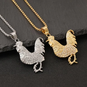 Iced Out Cock Rooster Pendant Necklace Stainless Steel Gold Plated Men Hip Hop - Picture 1 of 9