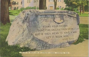 Linen PC * Lexington MA Monument at Line of Minutemen American Revolution 1940s - Picture 1 of 2
