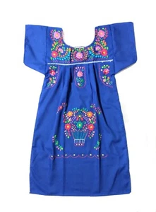 Mexican Embroidered Floral Girl's Dress Handmade Peasant Blue 6 Y Dress  - Picture 1 of 5