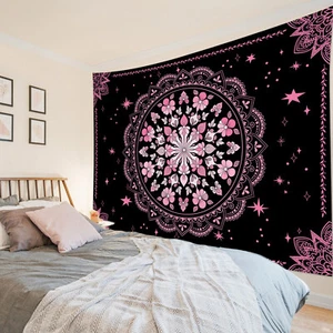 Tapiz floral bohemio mandala rosa y negro para dormitorio sala dormitorio - Imagen 1 de 15
