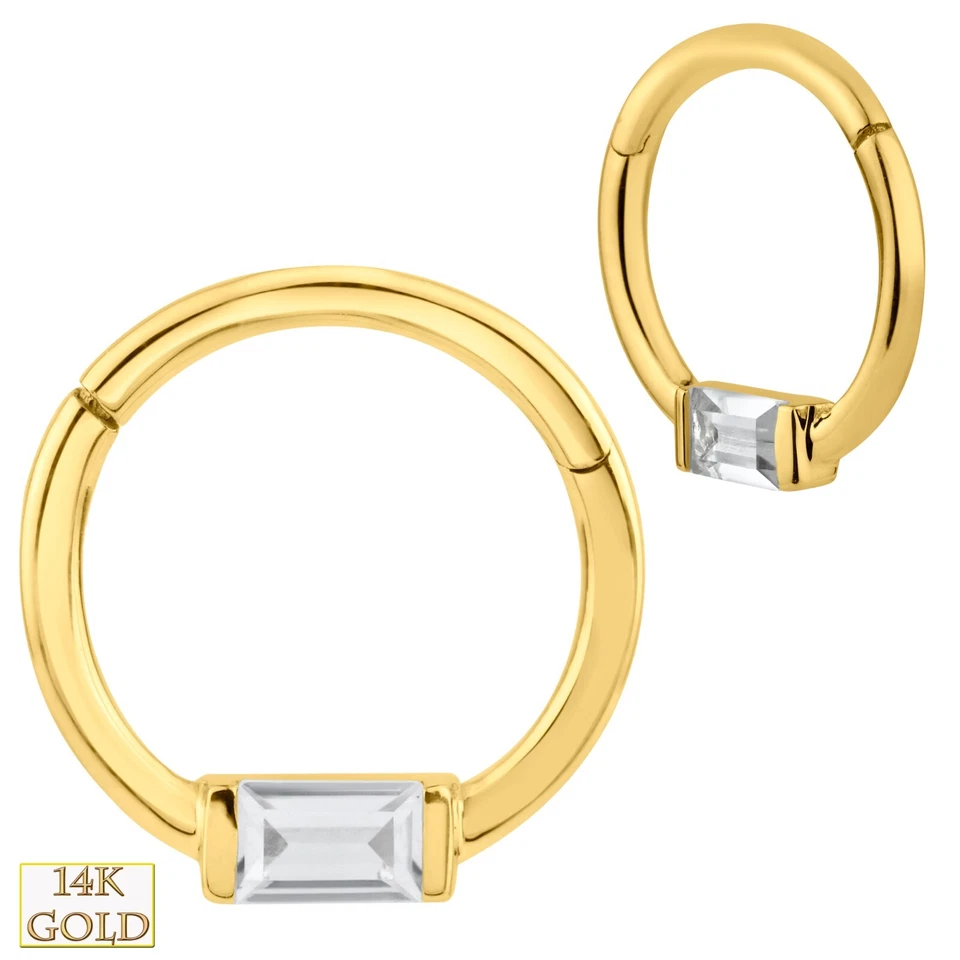 14K Solid Gold 1 Baguette Zircon Bar Setting 18mm Hinged 18g Hoop Piercing Ring - Image 1 of 1