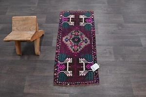 Oushak Türkische Fußmatte Teppich 1x3 LILA Anatolisch Handarbeit Vintage Klein Kelim Teppich - Bild 1 von 9