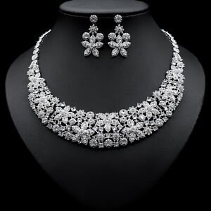 Luxury All CZ Cubic Zirconia Pearl Necklace Earrings Set For Adult Bridal
