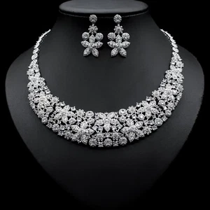 Luxury All CZ Cubic Zirconia Pearl Necklace Earrings Set For Adult Bridal - Picture 1 of 9