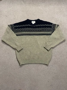 Eddie Bauer Birdseye Wool Knit Sweater USA Made Cream Navy Green Size L Vintage - Picture 1 of 5