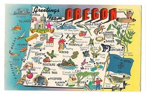 GREETINGS MAP With Images, Cities, State Symbols & Industries OREGON Postcard OR - Picture 1 of 2