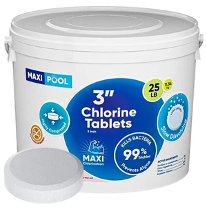 MAXI POOL 3 inch Advanced Stabilized Chlorine Tablets Long Lasting 25 LBS Bucket - Picture 1 of 13