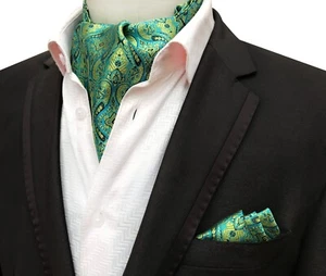 Classic Men's Ascot Cravat Tie Silk Paisley Green Yellow Scarf Cravat Hanky Set - Picture 1 of 1