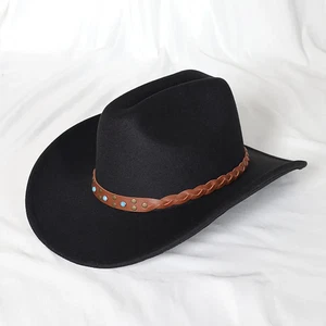 Vintage Western Cowboy Hat Wide Brim Leather Jazz Cowgirl Gentleman Cap UK - Picture 1 of 13