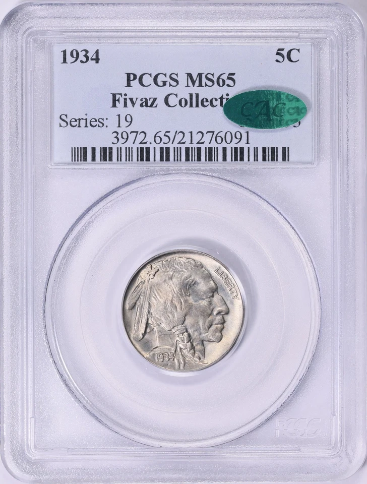 1934 Buffalo Nickel PCGS MS-65 CAC Sticker Fivaz Collection Pedigree - Image 1 of 4
