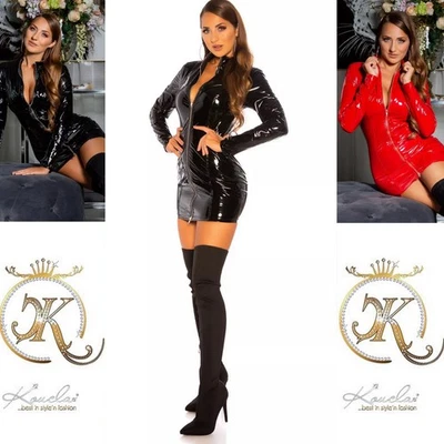 Sexy Mini Vestido Koucla Para Mujer Aspecto Húmedo Imitación Cuero Cremallera Frontal Negro o Rojo Club Foto 1 de 4