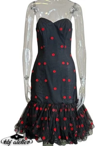 Vintage 80s Dress Women 8 Sweetheart Neckline Black Red Polka Dot Midi Party - Picture 1 of 15