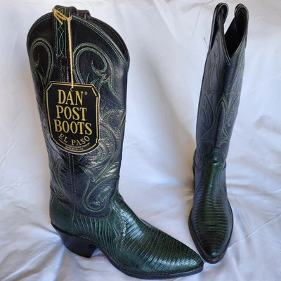 Botas Dan Post Para Mujer 5 M Exóticas Teju Lagarto Negro Verde Punta Punta Western Foto 1 de 4