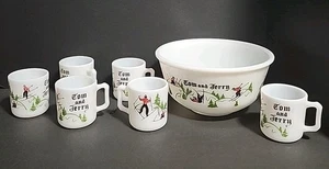 Tom Jerry Glas Skifahrer Punch Bowl Set Schüssel 6 Tassen Tassen Hasel Atlas selten LESEN - Bild 1 von 24