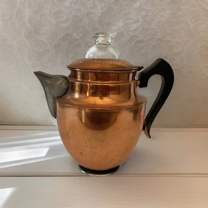 VINTAGE COPPER TIN LINED TEA COFFEE POT KETTLE ROCHESTER GLASS TOP S-377 - Picture 1 of 11