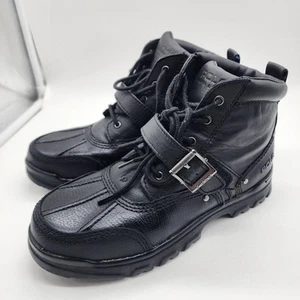 Polo Ralph Lauren Ranger Tyrek Boots Youth 5 Black Leather Buckle Duck Toe - Picture 1 of 9