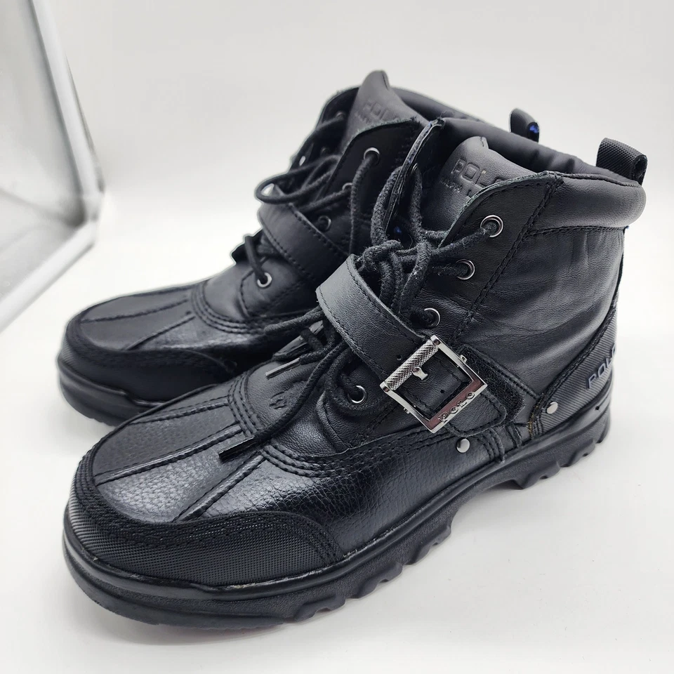 Polo Ralph Lauren Ranger Tyrek Boots Youth 5 Black Leather Buckle Duck Toe - Image 1 of 4