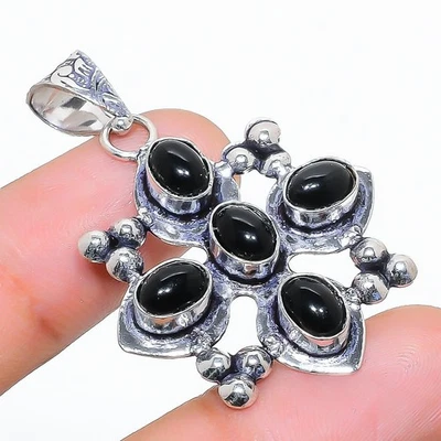 Onice Nera Gemma Fatto a Mano 925 Sterling Argento Gioielli Ciondolo - Immagine 1 di 4