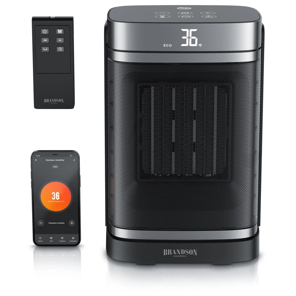 Brandson Keramik-Heizlüfter 1500W WiFi APP Timer Fernbedienung Schwarz - Bild 1 von 4