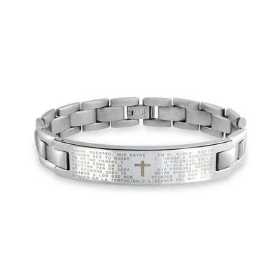 Our Lords Prayer Cross Link Wrist ID Bracelet Silver Tone Stainless Steel - Image 1 of 4