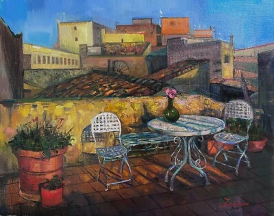 MATERA Italia - Original Firmado Óleo Edificios Históricos Tejados  Foto 1 de 4