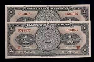F.C. DOS BILLETES CORRELATIVOS DE MEXICO DE 1 PESO DE 1967. S/C (UNC). P.59j. - Imagen 1 de 2