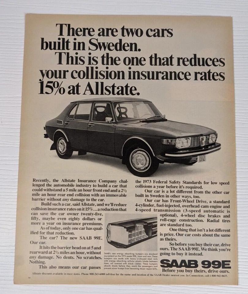 vintage 1971 SAAB 99E car black and white PRINT AD - Image 1 of 1