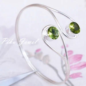 Faceted Peridot Gemstone 925 Sterling Silver Bangle Cuff For Life Line Gift - Picture 1 of 4