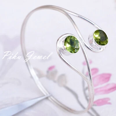 Faceted Peridot Gemstone 925 Sterling Silver Bangle Cuff For Life Line Gift - Image 1 of 4
