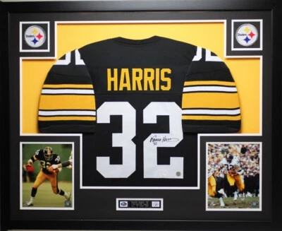Camiseta deportiva Franco Harris autografiada y enmarcada negra de los Steelers automática certificado de autenticidad JSA Foto 1 de 4