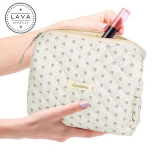 NEW Beige Flowery Zipper Makeup Bag Large Cosmetic Toiletry Organizer Case Women - Picture 1 of 12