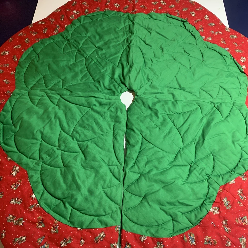 Vtg Christmas Tree Skirt Patchwork Quilted 50” Red Green Tree Shape Quilting EUC - Image 1 of 4