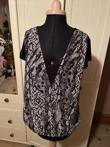 GEORGE Preloved Black Animal Print Chiffon Cap Sleeve Layered Top UK Size 16 - Picture 1 of 9