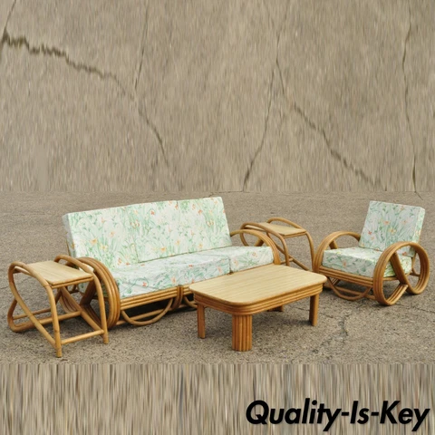 Vintage 5 Pc Beverly Hills Rattan Bamboo Pretzel Sunroom Living Room Sofa Set Cover
