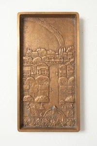 Warabi Brass Bronze Plaque Tray Rainbow Over City Hillside (B7B) Japan 7"x4" - Picture 1 of 9