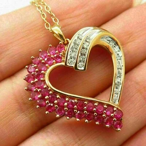 2Ct Round Cut Red Ruby & Diamond Heart Pendant 14K Yellow Gold Finish Free Chain - Picture 1 of 7