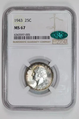1943 WASHINGTON QUARTER NGC MS67 CAC VERY PQ! - Image 1 of 2