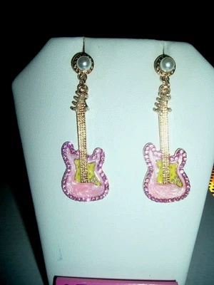 PINK Crystal Long DANGLING Musical GUITARS Betsey Johnson Pierced EARRINGS-NWT - Image 1 of 2