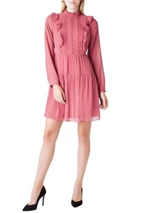 Kensie crinkle chiffon long sleeve ruffle front mock neck dress PINK - Picture 1 of 5
