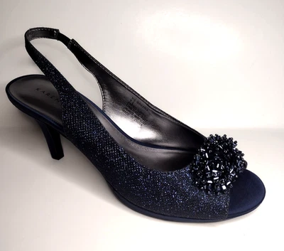 KAREN SCOTT Size 9.5 Glitter Navy Blue Jewel Sling back Party Heels Shoes NEW - Image 1 of 4