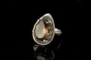 VINTAGE MEXIKANISCHER BOGEN RAUCHTOPAS TROPFEN 925 STERLING SIEGELRING MR - Bild 1 von 4