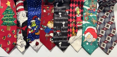 Lote de 8 Corbatas Navidad Novedad Dr. Seuss Grinch Peanuts Snoopy Save the Children Foto 1 de 4