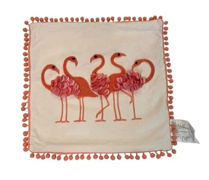 DEI 3D EMBROIDERED FLAMINGO PILLOW COVER 16" POMPOMS - PILLOW COVER ONLY - Picture 1 of 6