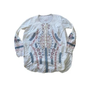 Johnny Was Floral Embroidered Beige Cotton Blouse Tunic 3J Workshop Medium Flaw - Picture 1 of 9