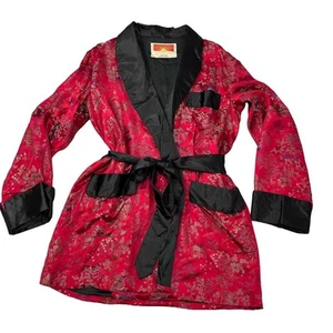 Bata de salón oriental brocado imágenes chinas roja negra satinada forrada 42 - Imagen 1 de 12