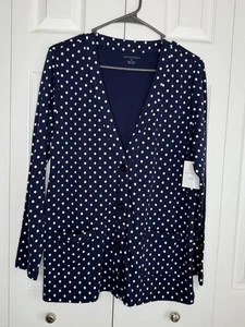 Appleseed’s Cardigan Navy Blue White Polka Dots Buttons Pockets V-Neck Sz Med - Picture 1 of 9